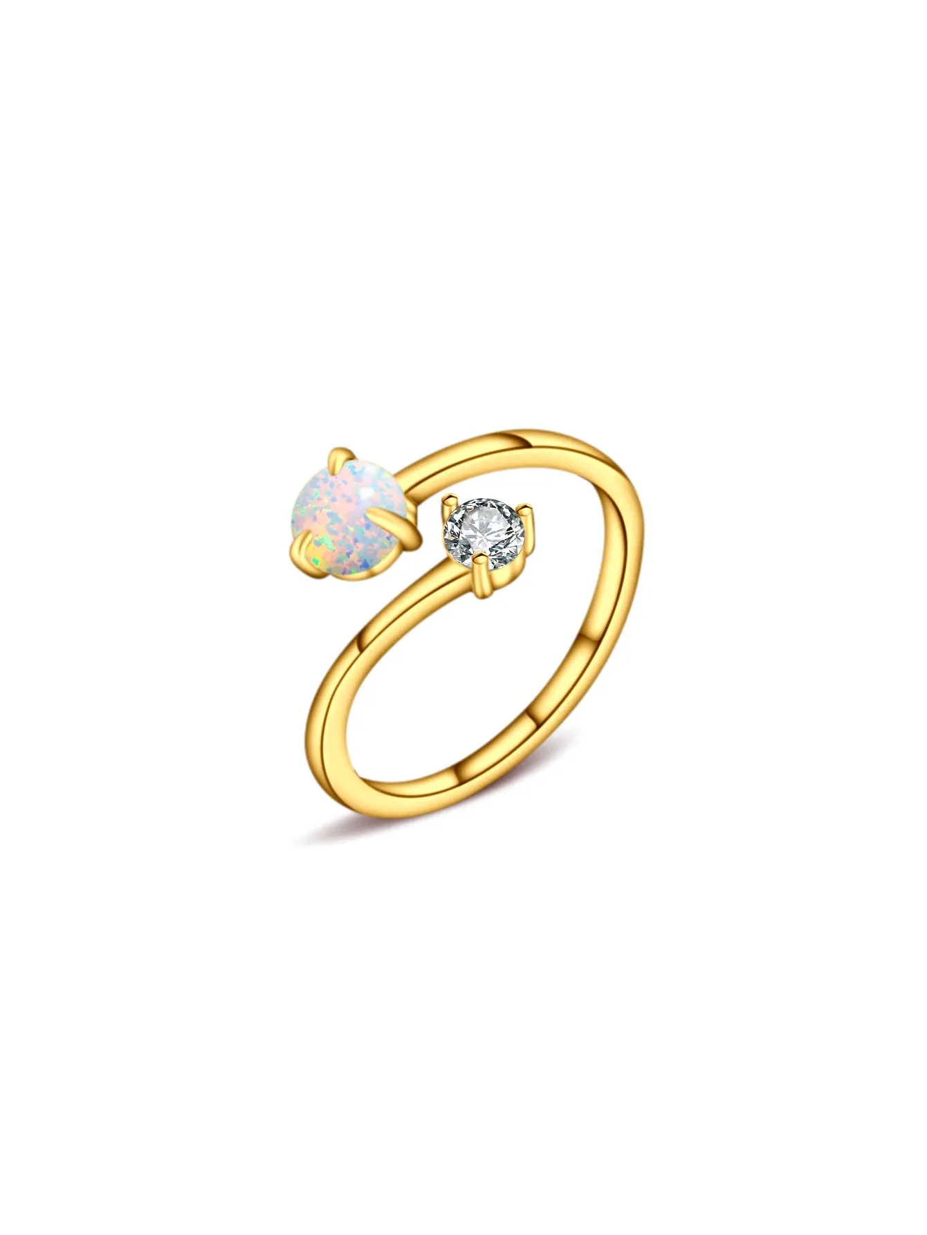 Open ring with adjustable opening, silver band, and inlaid zircon stones in gold colour