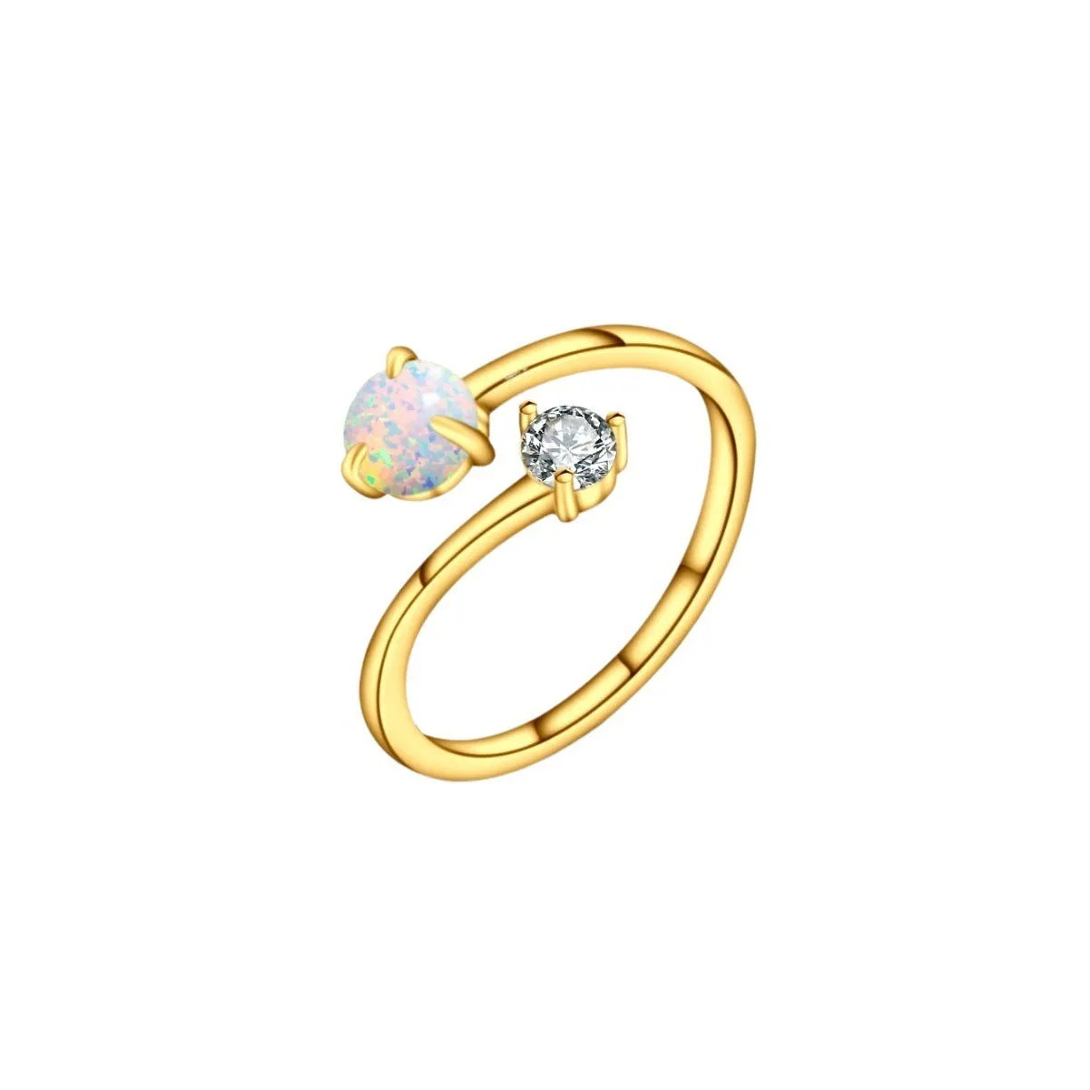 Open ring with adjustable opening, silver band, and inlaid zircon stones in gold colour