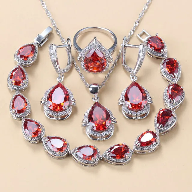 Gem-inlaid pendant earrings necklace ring and bracelet set in copper with diamond cut, black colour option