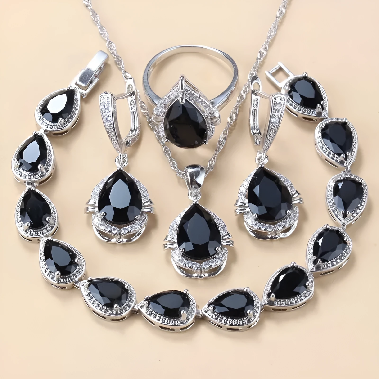 Gem-inlaid pendant earrings necklace ring and bracelet set in copper with diamond cut, black colour option