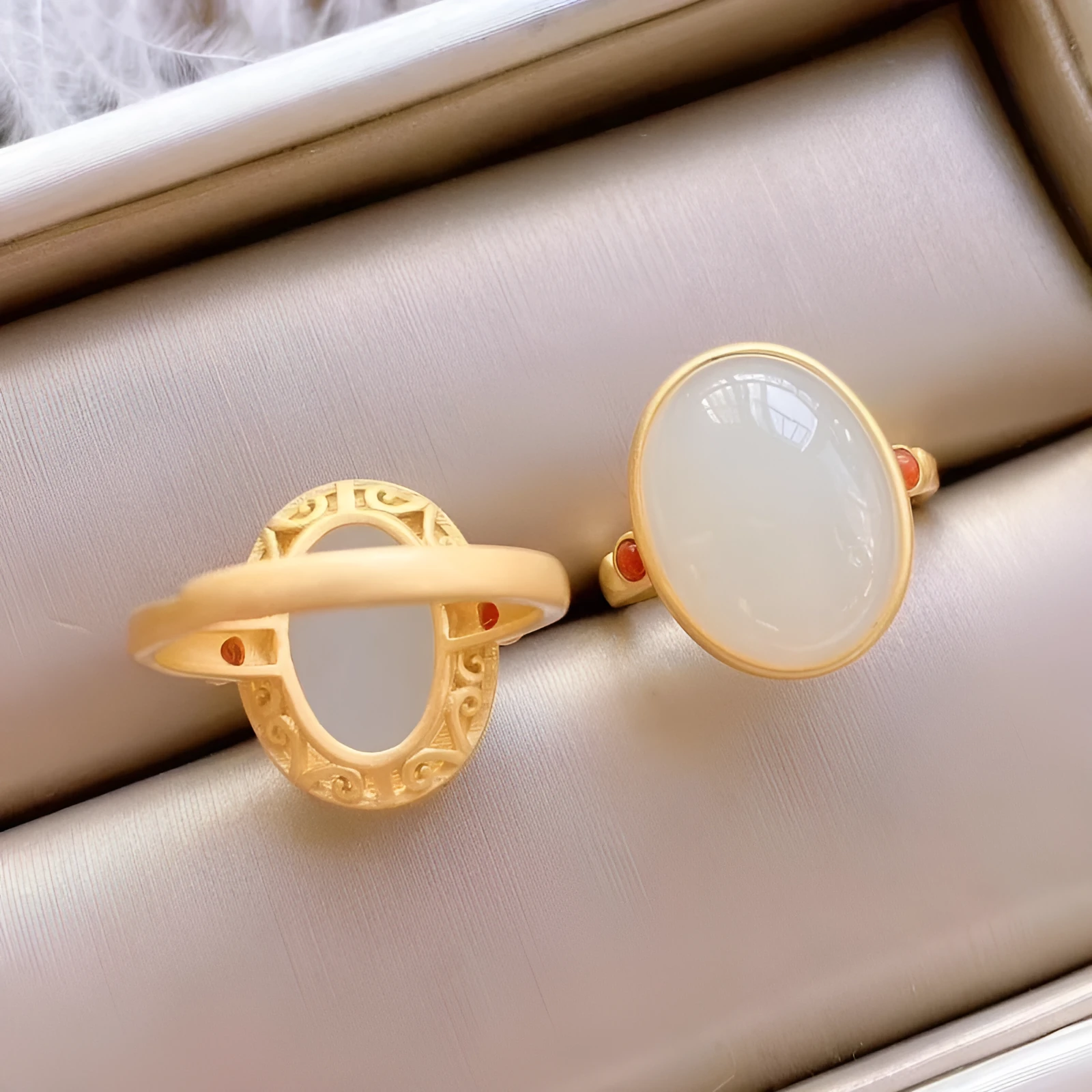 Women's copper open ring with white electroplating, gilding, and inlaid Hetian jade in national style