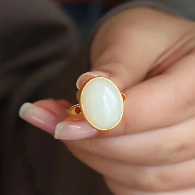 Women's copper open ring with white electroplating, gilding, and inlaid Hetian jade in national style