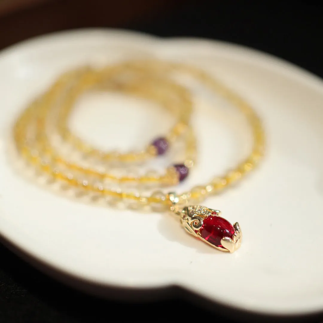 Natural Brazilian rutilated quartz bracelet with Chinese style three gold rings and hanging chopsticks design