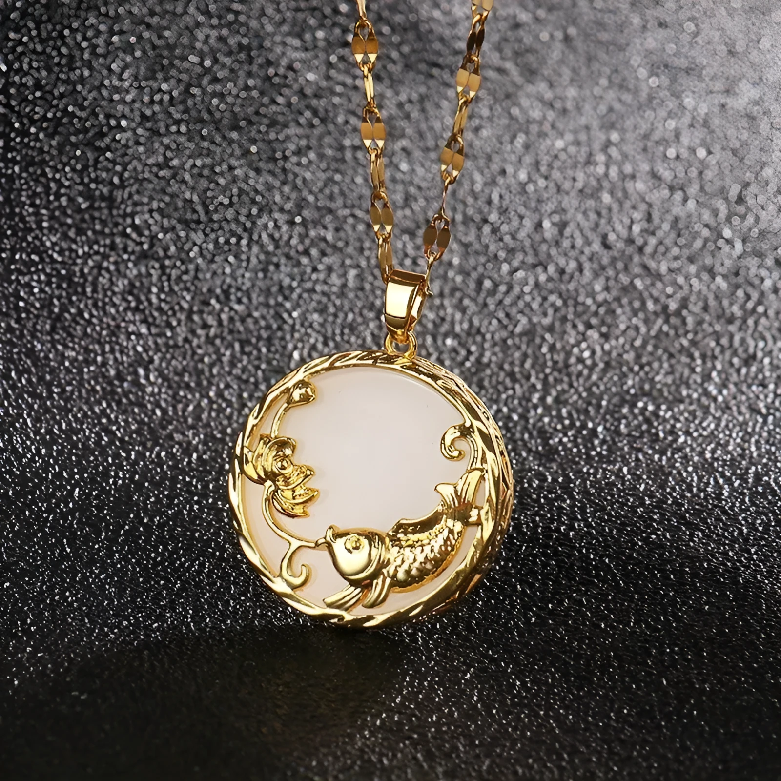 Gold-plated titanium steel necklace with geometric koi pendant and micro inlay, O-ring chain, polished finish