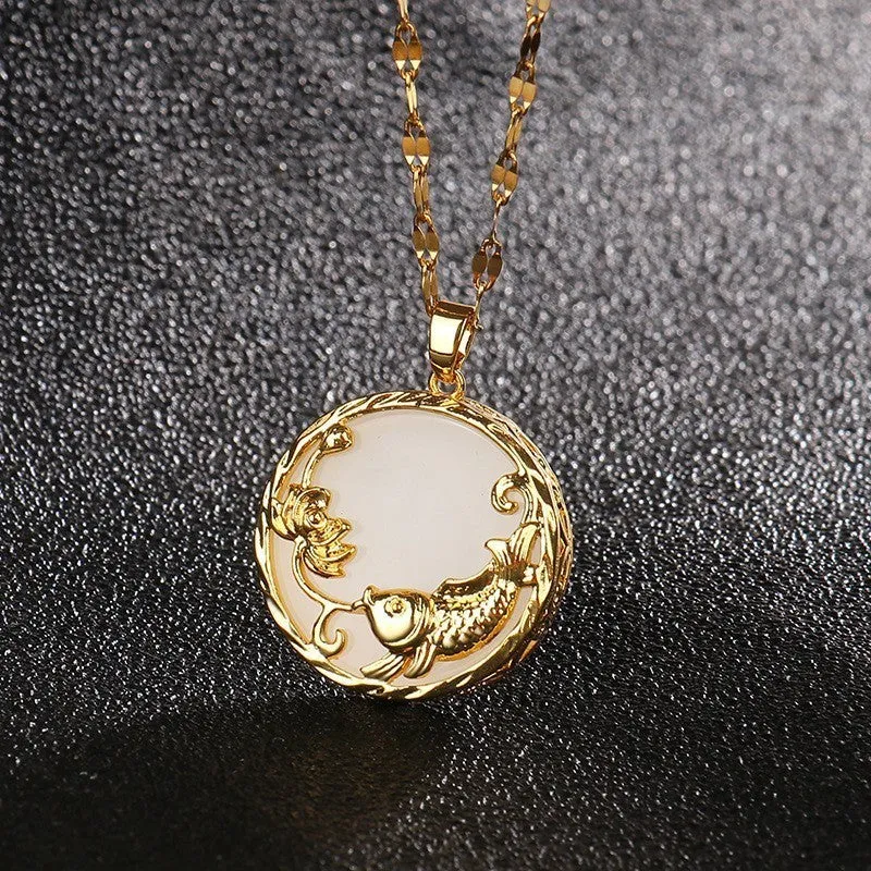 Gold-plated titanium steel necklace with geometric koi pendant and micro inlay, O-ring chain, polished finish