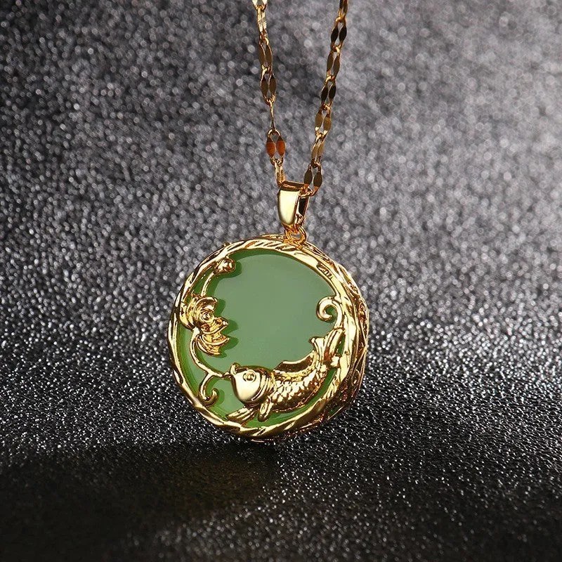 Gold-plated titanium steel necklace with geometric koi pendant and micro inlay, O-ring chain, polished finish