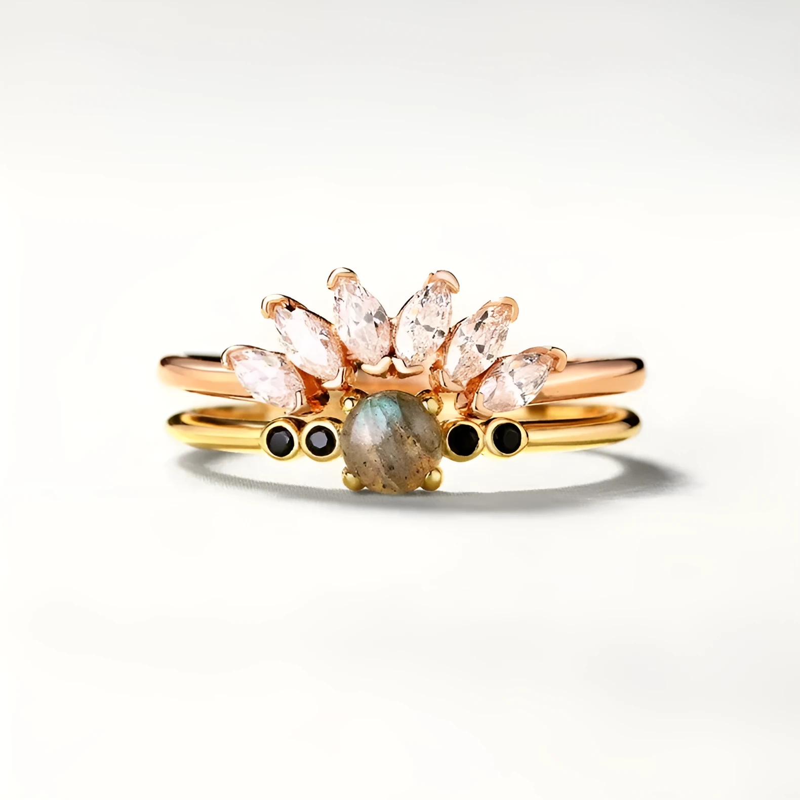 Gold coloured open ring with geometric round shape on silver base with electroplating