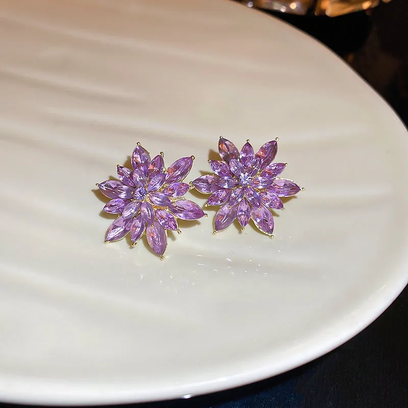 Super shiny crystal zircon multi-layer three-dimensional flower earrings in white alloy with leaf and petal details