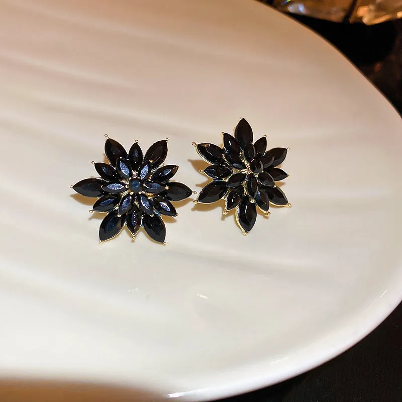 Super shiny crystal zircon multi-layer three-dimensional flower earrings in white alloy with leaf and petal details
