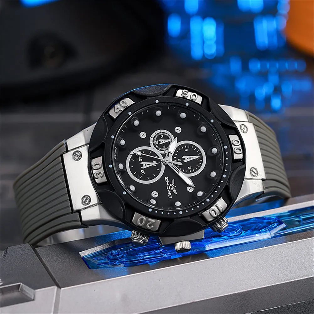 Men's sports quartz watch with 45mm round alloy case and black silicone strap on a white background