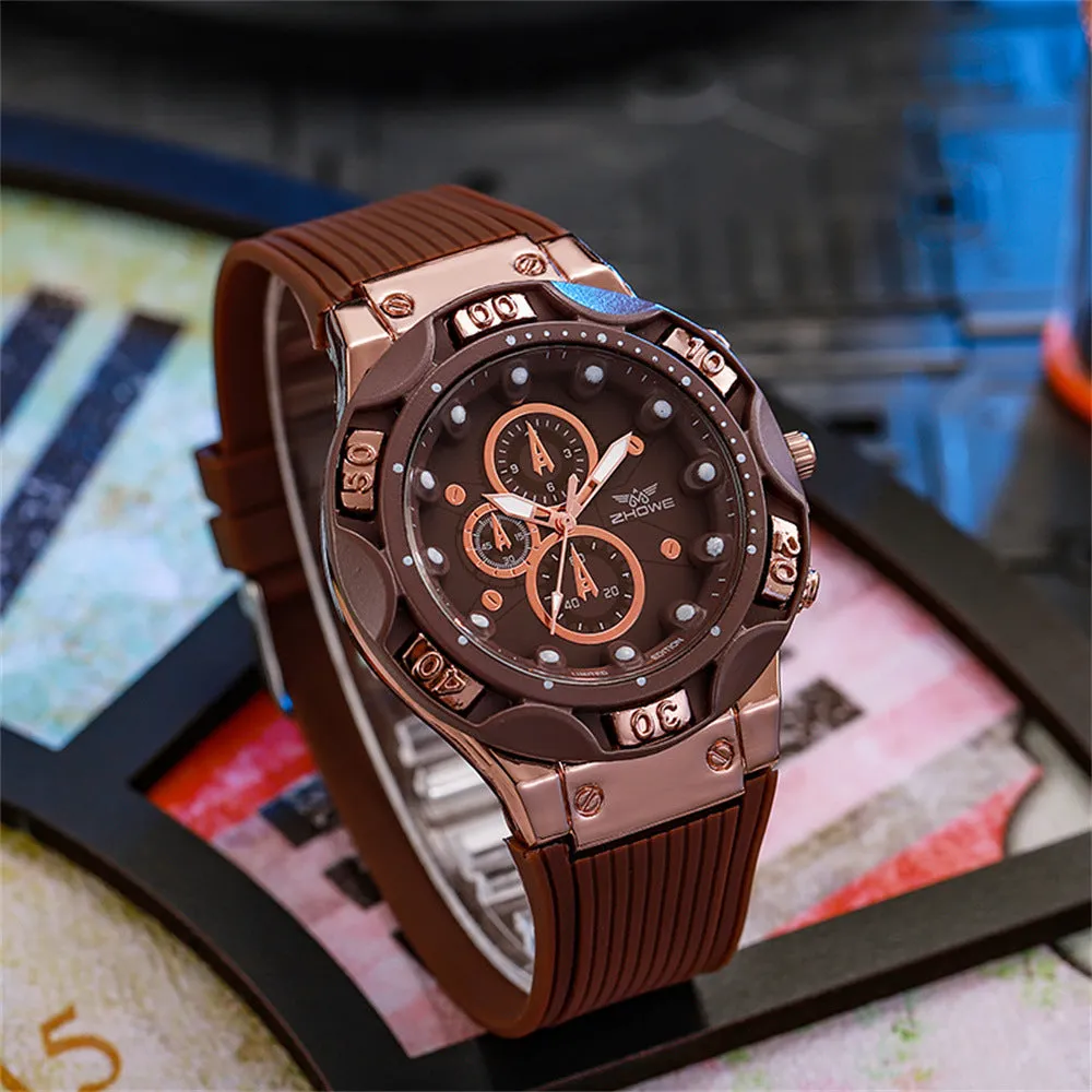 Men's sports quartz watch with 45mm round alloy case and black silicone strap on a white background