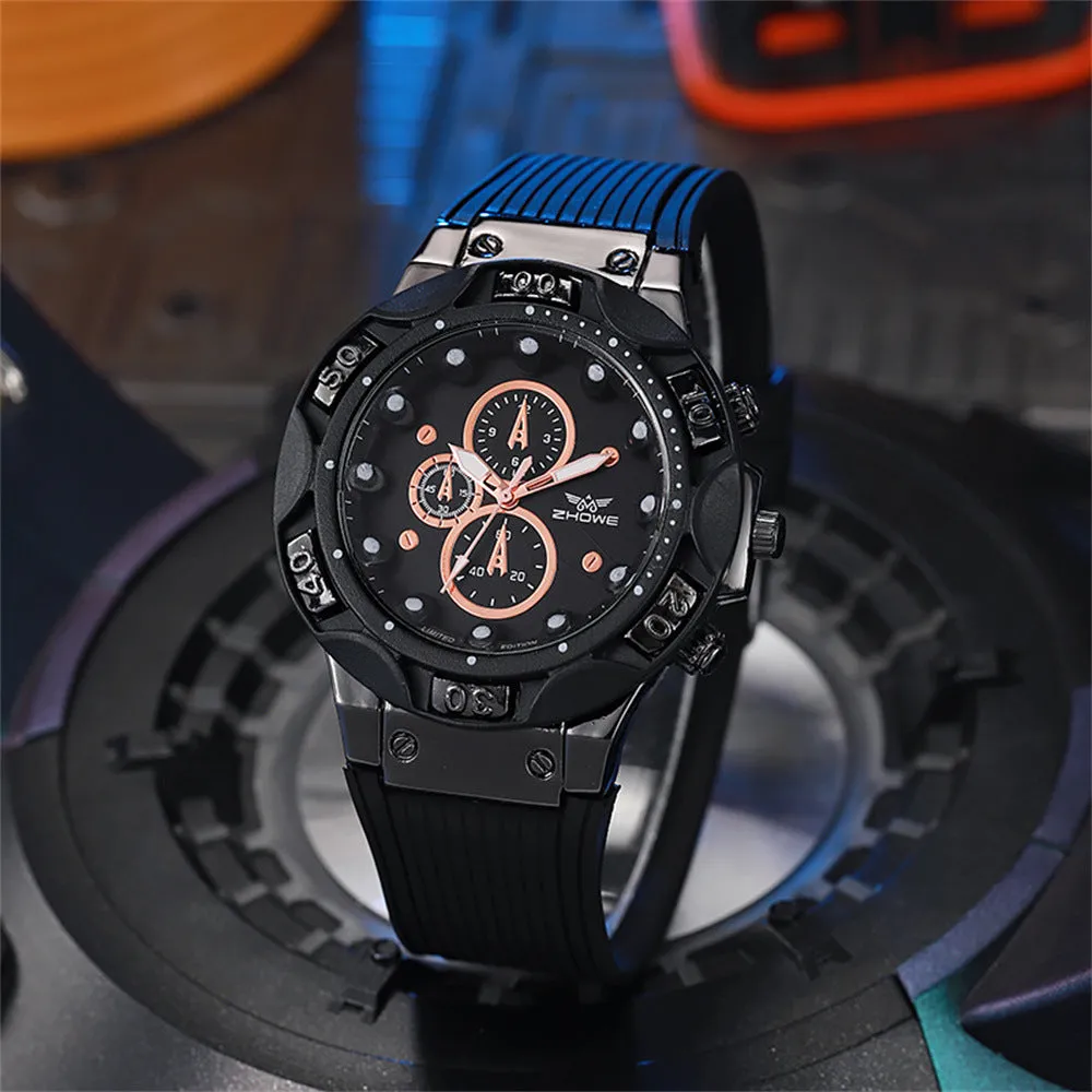 Men's sports quartz watch with 45mm round alloy case and black silicone strap on a white background