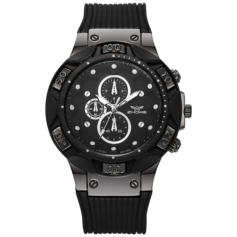 Men's sports quartz watch with 45mm round alloy case and black silicone strap on a white background