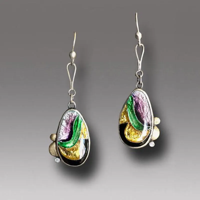 Coloured glaze electroplated metal earrings for women, silver colour, one pair shown on white background