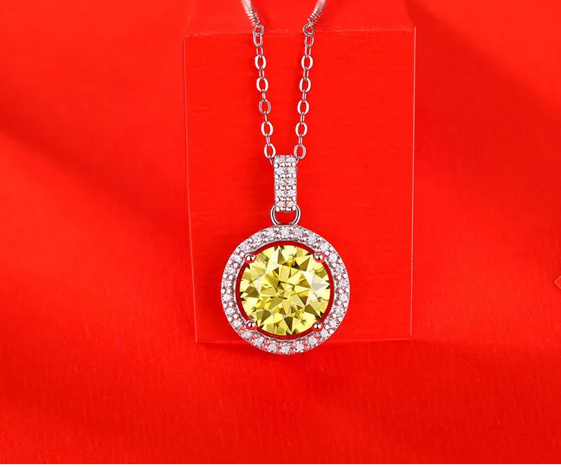 S925 silver round cake pendant necklace with golden yellow simulated moissanite in geometry design