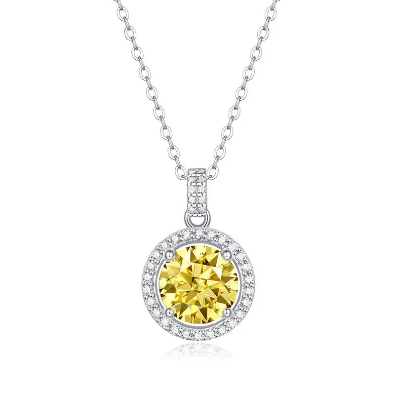 S925 silver round cake pendant necklace with golden yellow simulated moissanite in geometry design