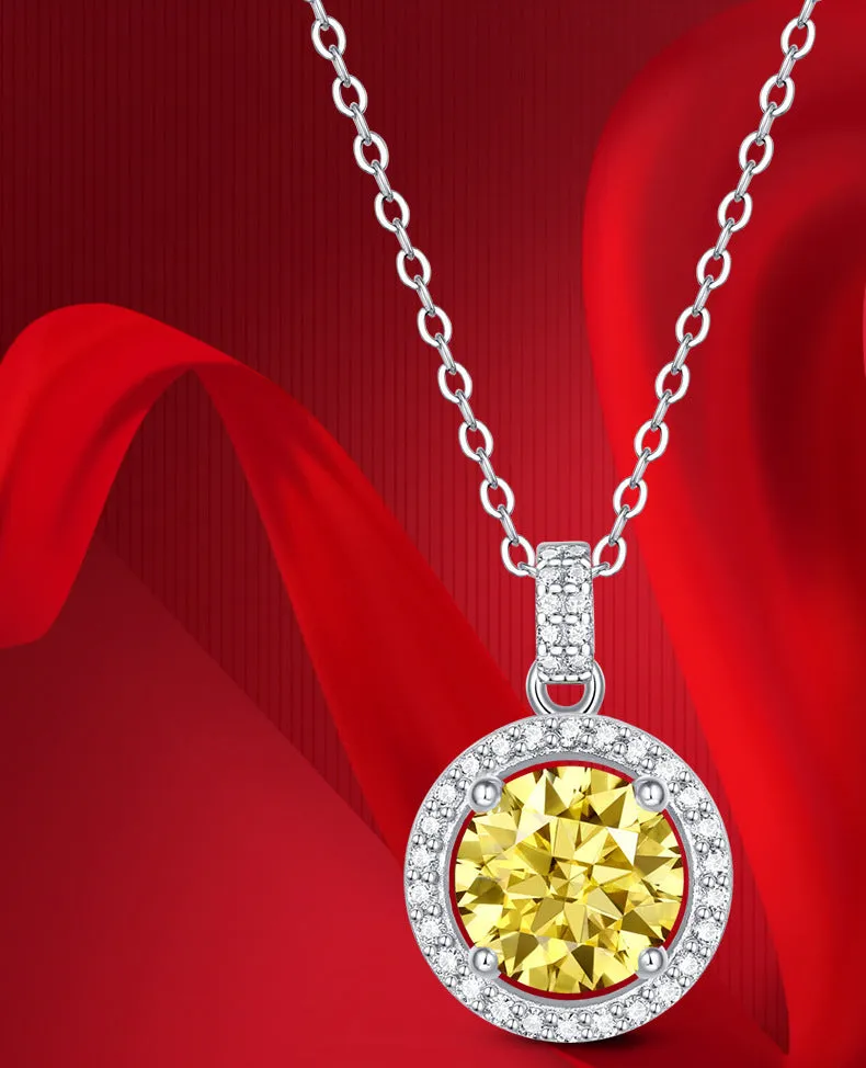 S925 silver round cake pendant necklace with golden yellow simulated moissanite in geometry design