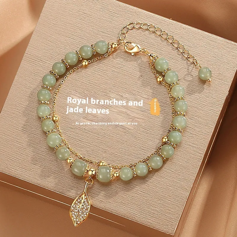 Chinese style bamboo leaf glass bracelet for women with manual craftsmanship.
