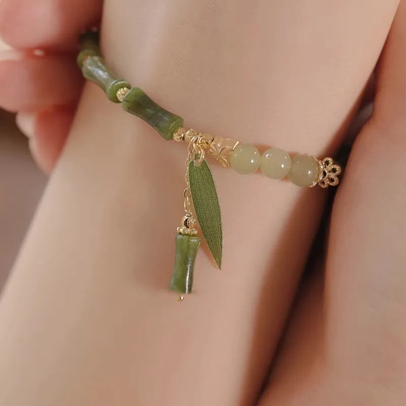 Chinese style bamboo leaf glass bracelet for women with manual craftsmanship.