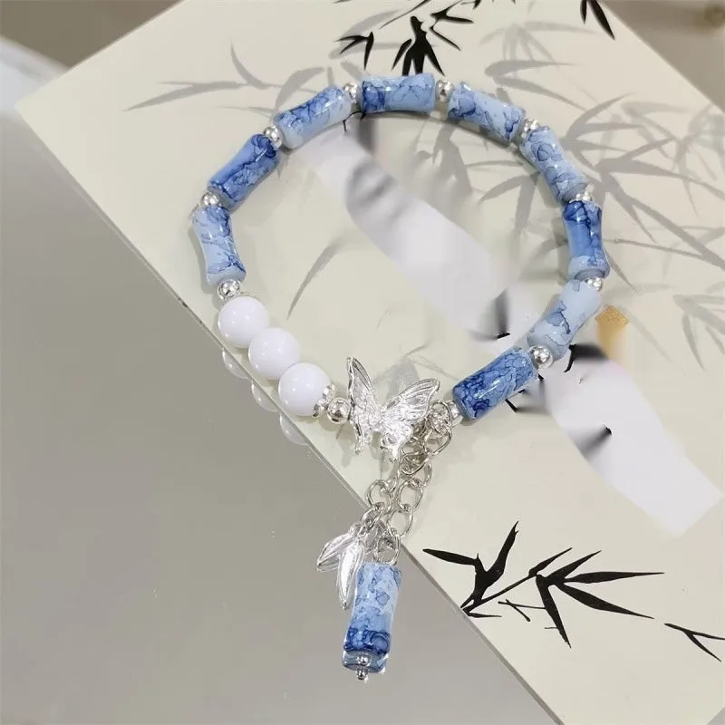 Chinese style bamboo leaf glass bracelet for women with manual craftsmanship.