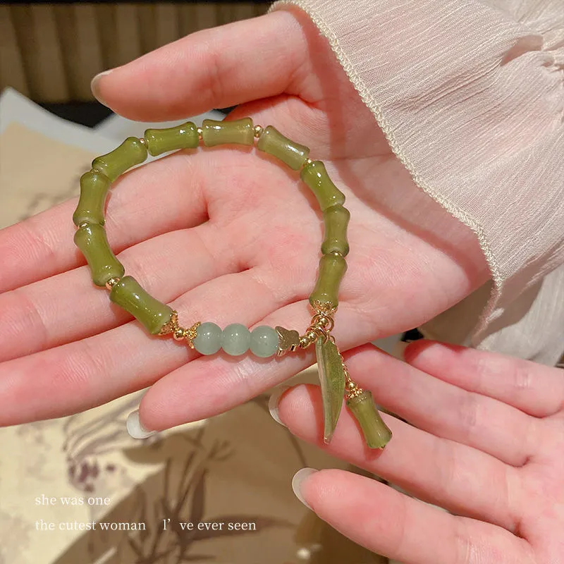 Chinese style bamboo leaf glass bracelet for women with manual craftsmanship.