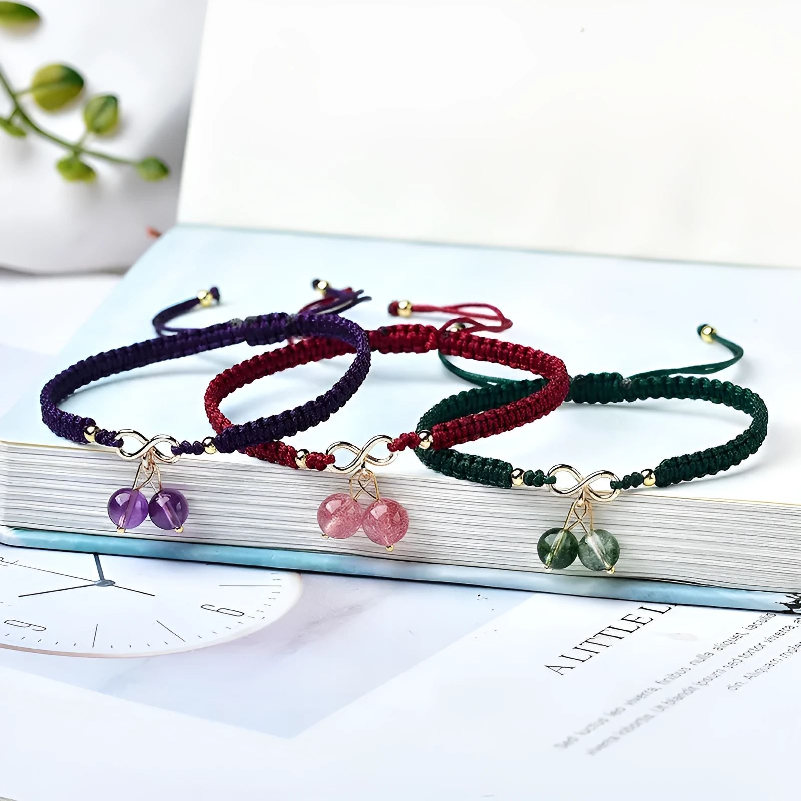 Natural strawberry quartz cherry bracelet with crystal fruit charms for women