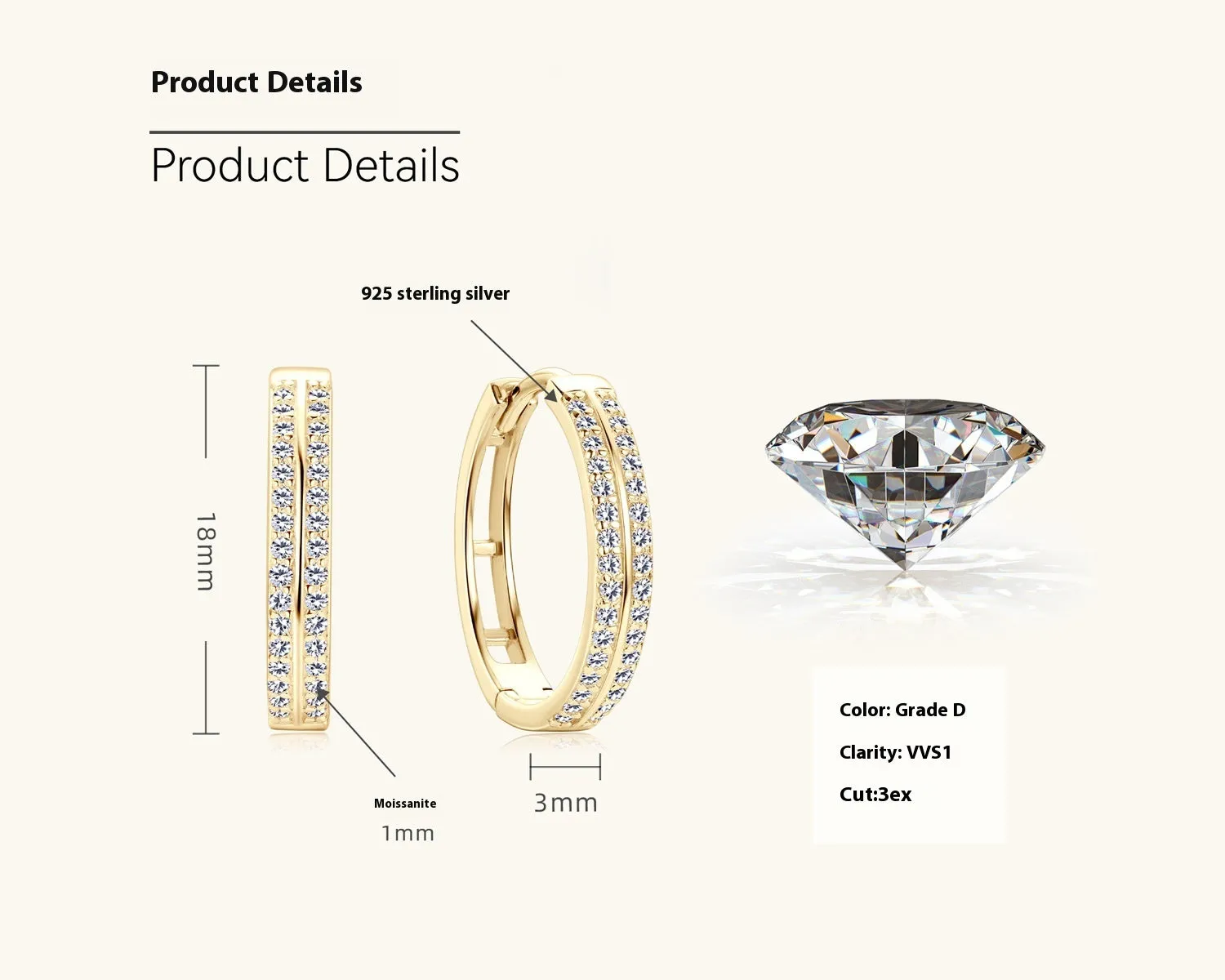 Geometric moissanite earrings with 0.16 karat stone, tassel, and double ring details in gold finish