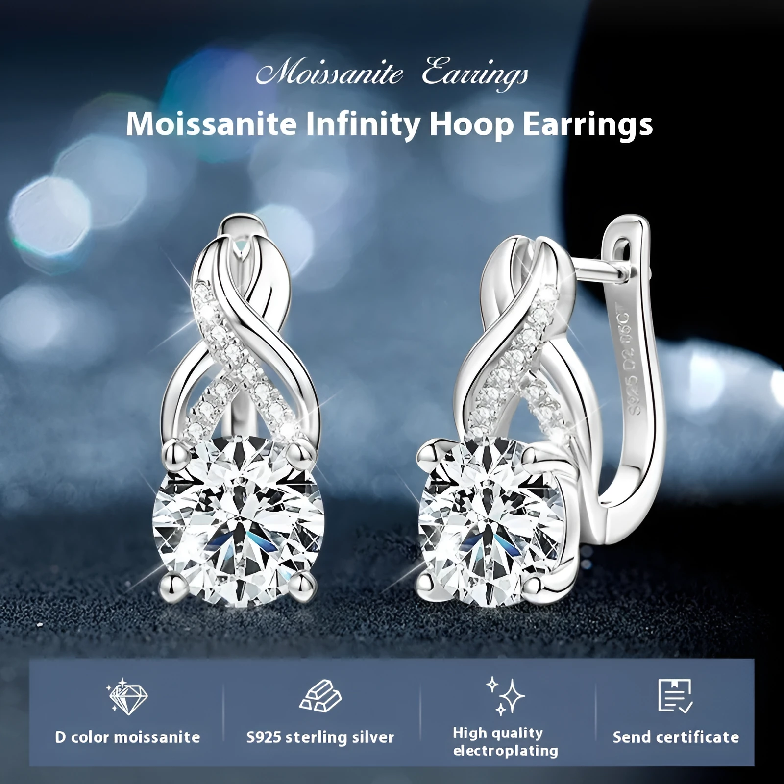 Light luxury moissanite twist drop earrings in 925 silver, gold or platinum finish