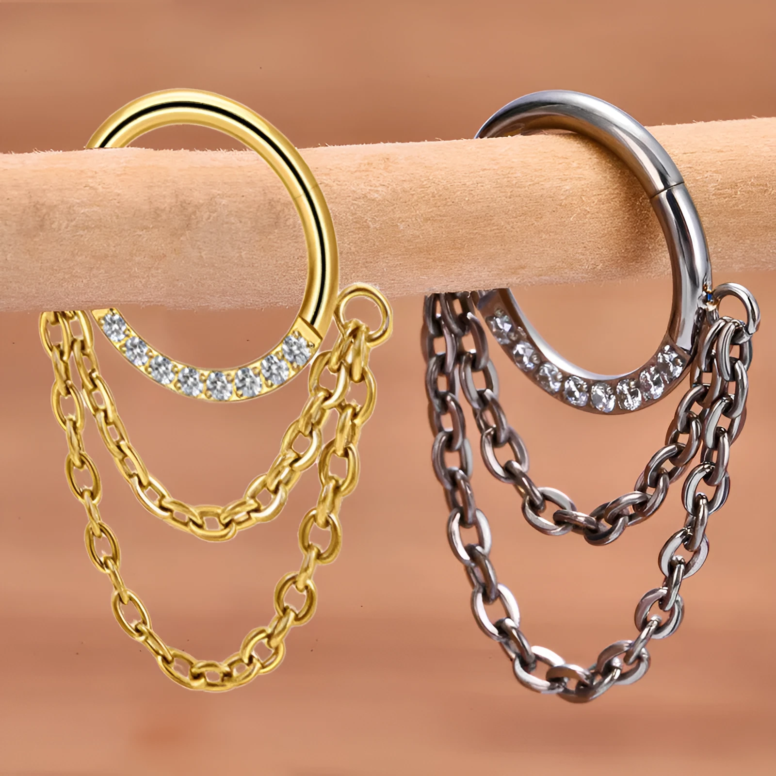 Chain inlaid zircon nose ring earring made from titanium alloy with round shape and simple unisex design