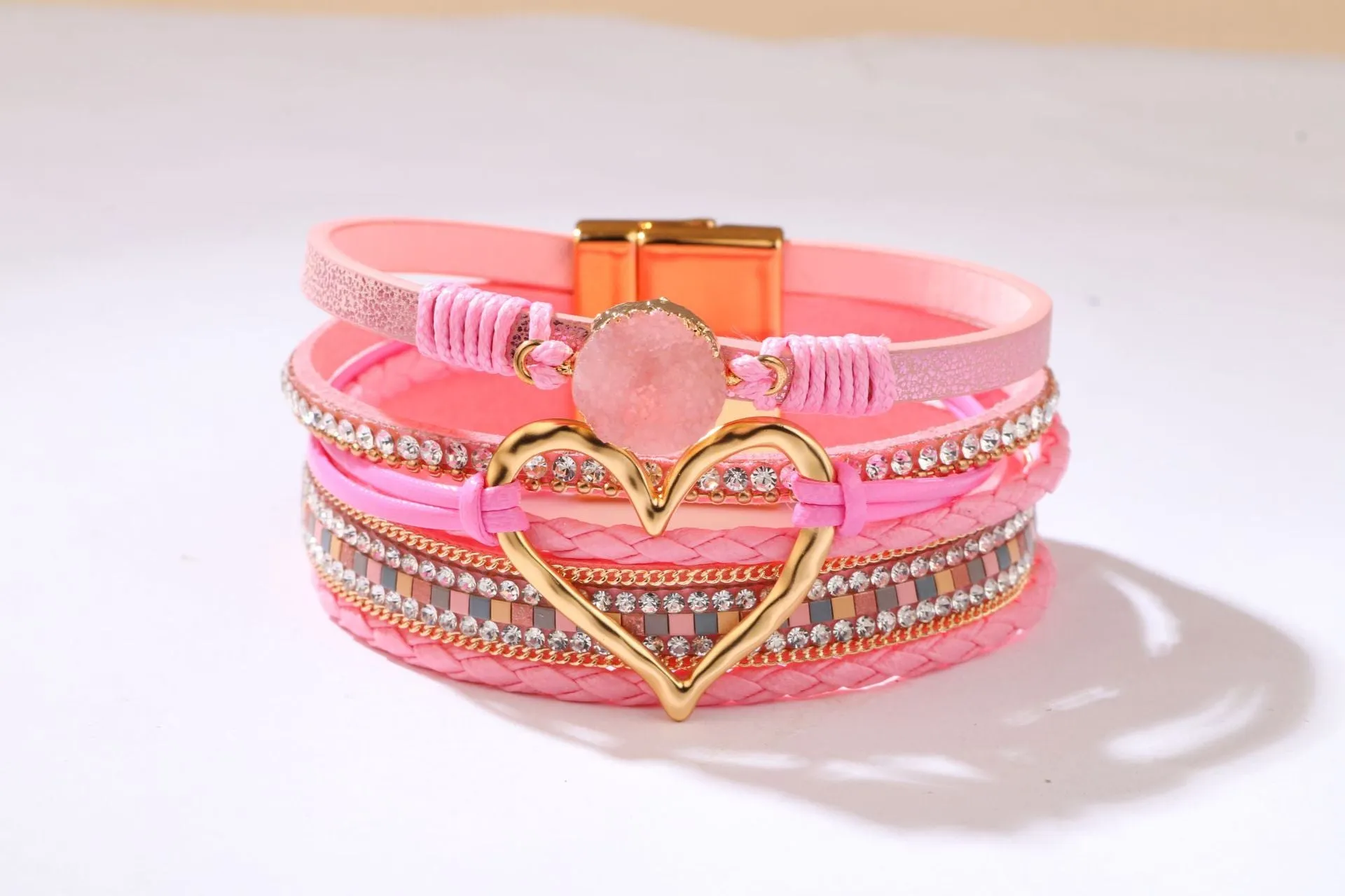 Women's heart shape PU leather bracelet with electroplated finish 19cm long black