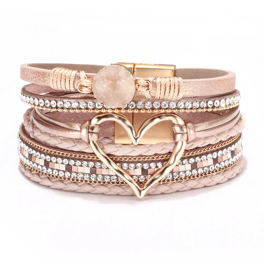 Women's heart shape PU leather bracelet with electroplated finish 19cm long black