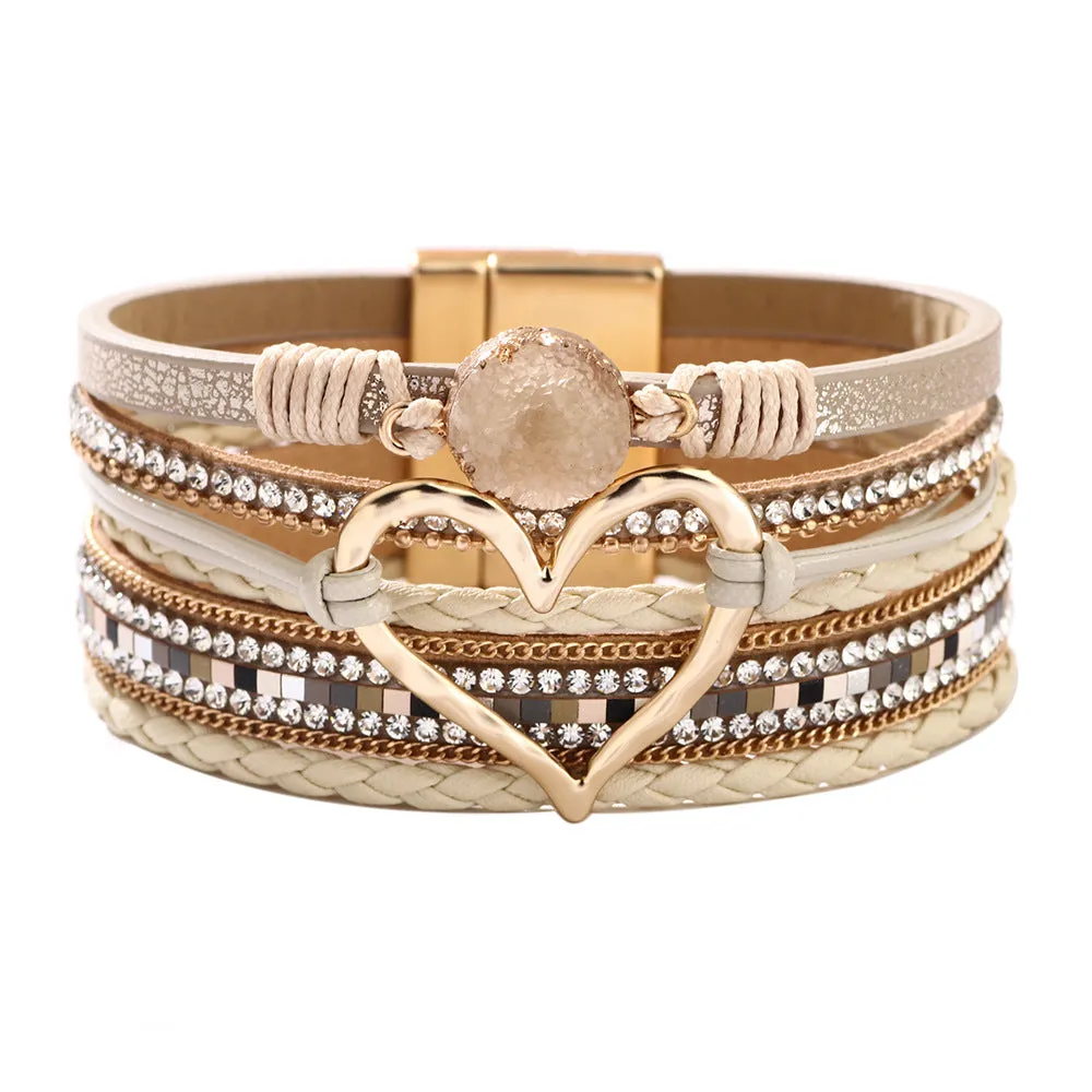 Women's heart shape PU leather bracelet with electroplated finish 19cm long black