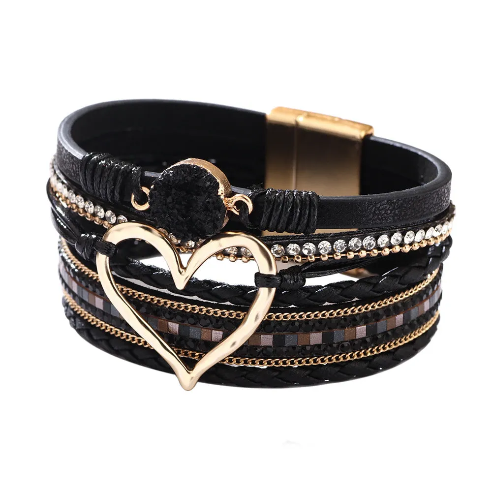 Women's heart shape PU leather bracelet with electroplated finish 19cm long black