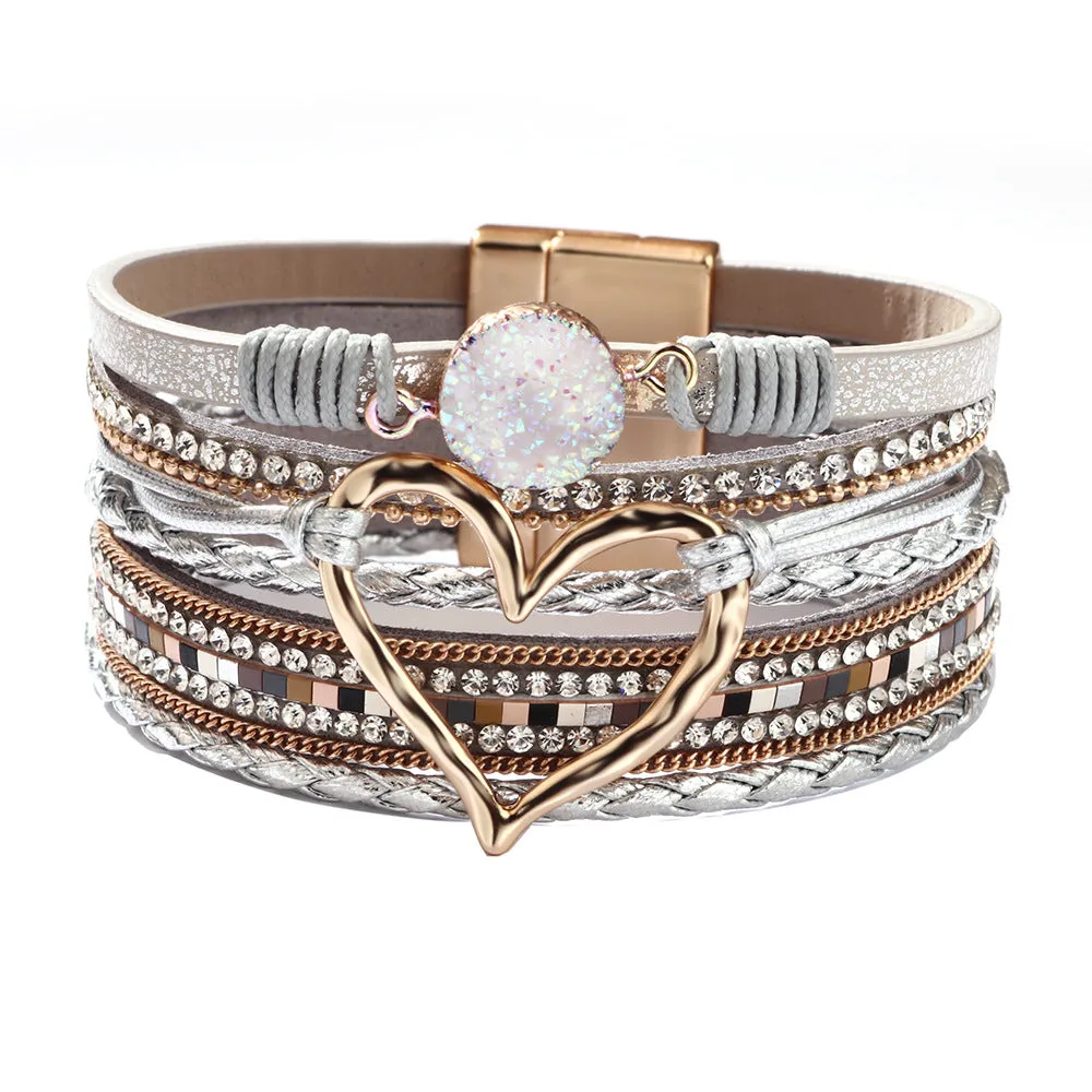 Women's heart shape PU leather bracelet with electroplated finish 19cm long black