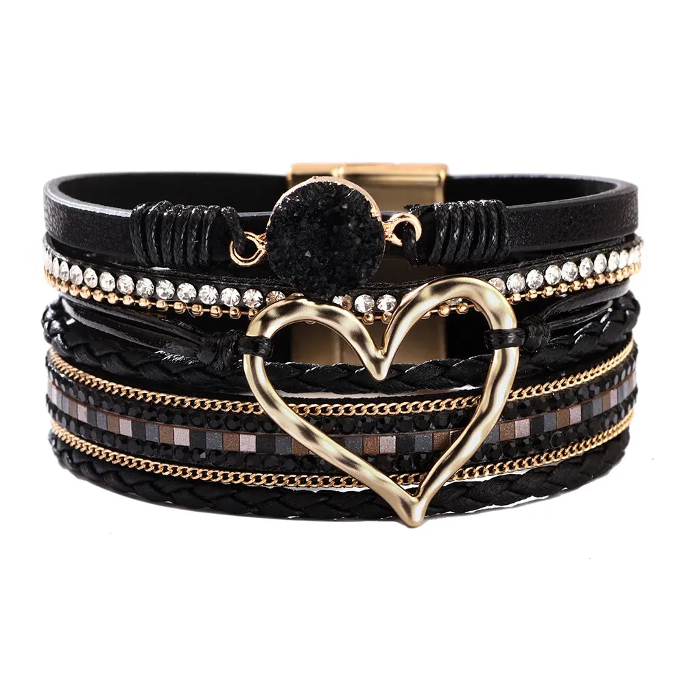 Women's heart shape PU leather bracelet with electroplated finish 19cm long black