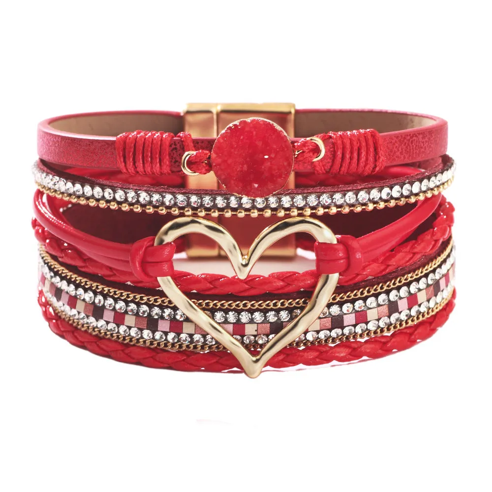 Women's heart shape PU leather bracelet with electroplated finish 19cm long black