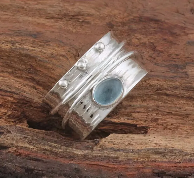 Handmade silver women's ring with natural aquamarine gemstone in geometric cut, retro style, size 4 to 7.5