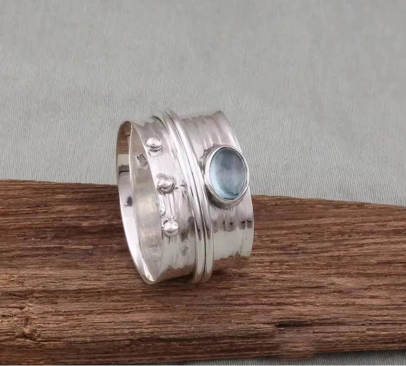 Handmade silver women's ring with natural aquamarine gemstone in geometric cut, retro style, size 4 to 7.5