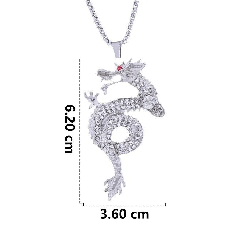 Silver alloy dragon-shaped pendant necklace with red eye detail and regular chain