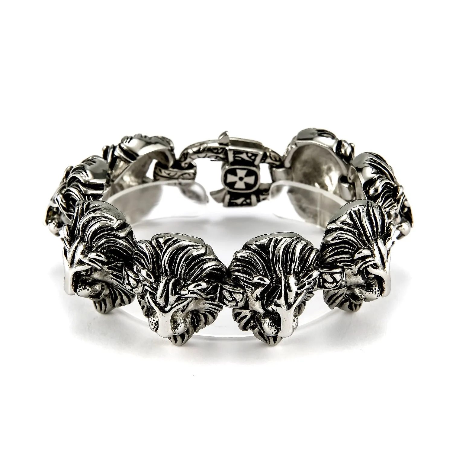 Men's titanium steel bracelet with retro lion's head design, polished steel finish