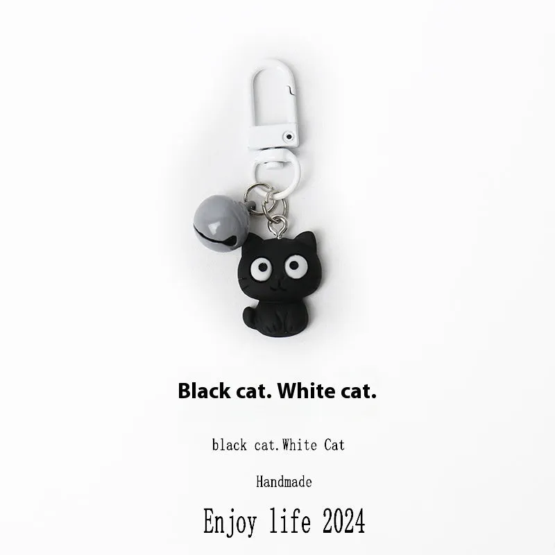 Cartoon little black cat and white kitten key chain pendant on handbag