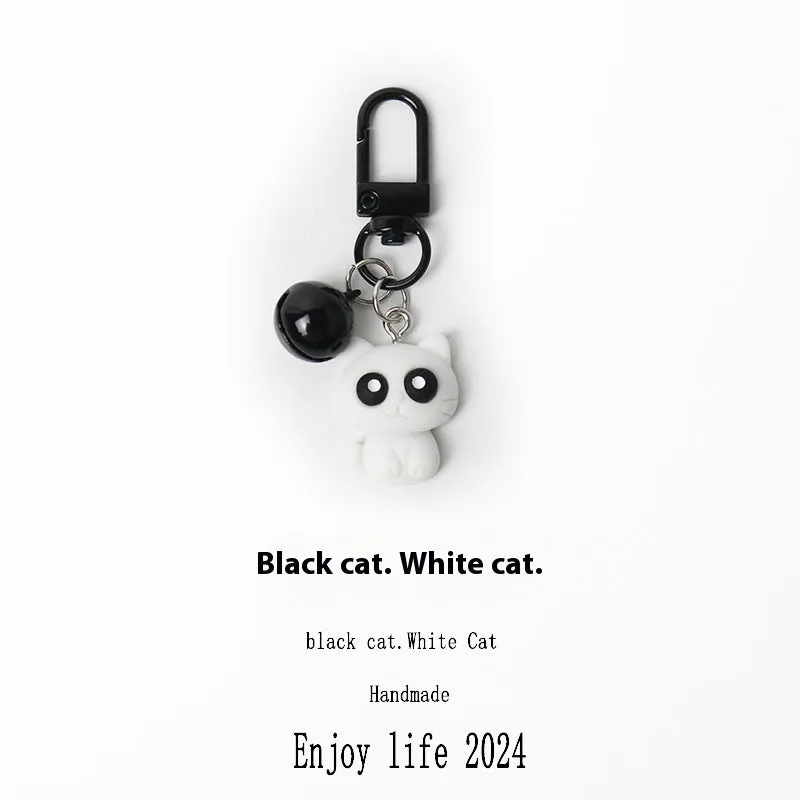 Cartoon little black cat and white kitten key chain pendant on handbag