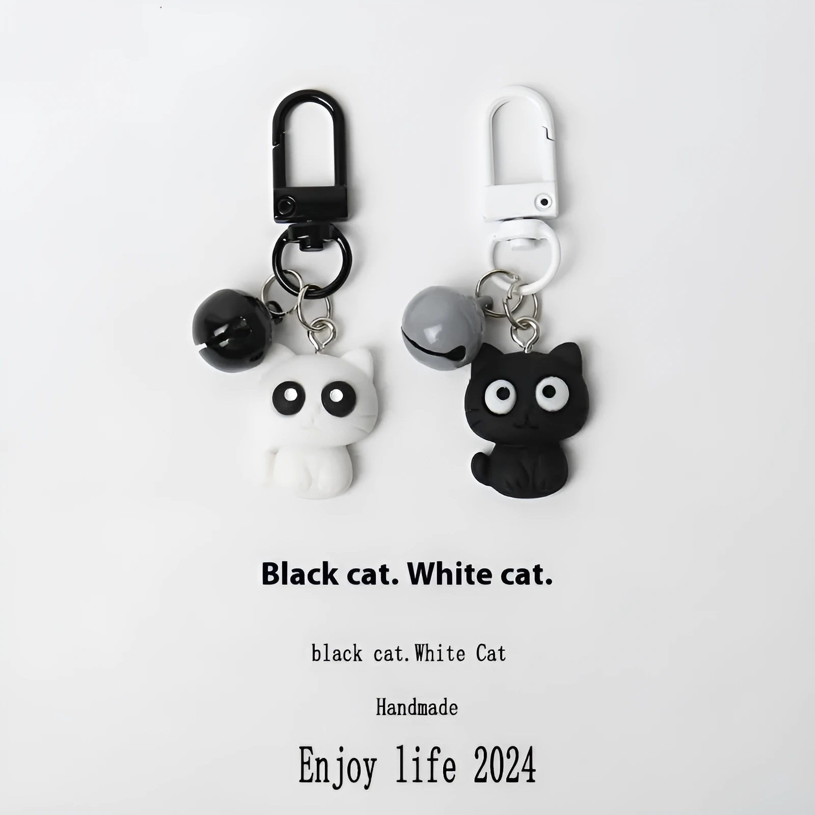 Cartoon little black cat and white kitten key chain pendant on handbag