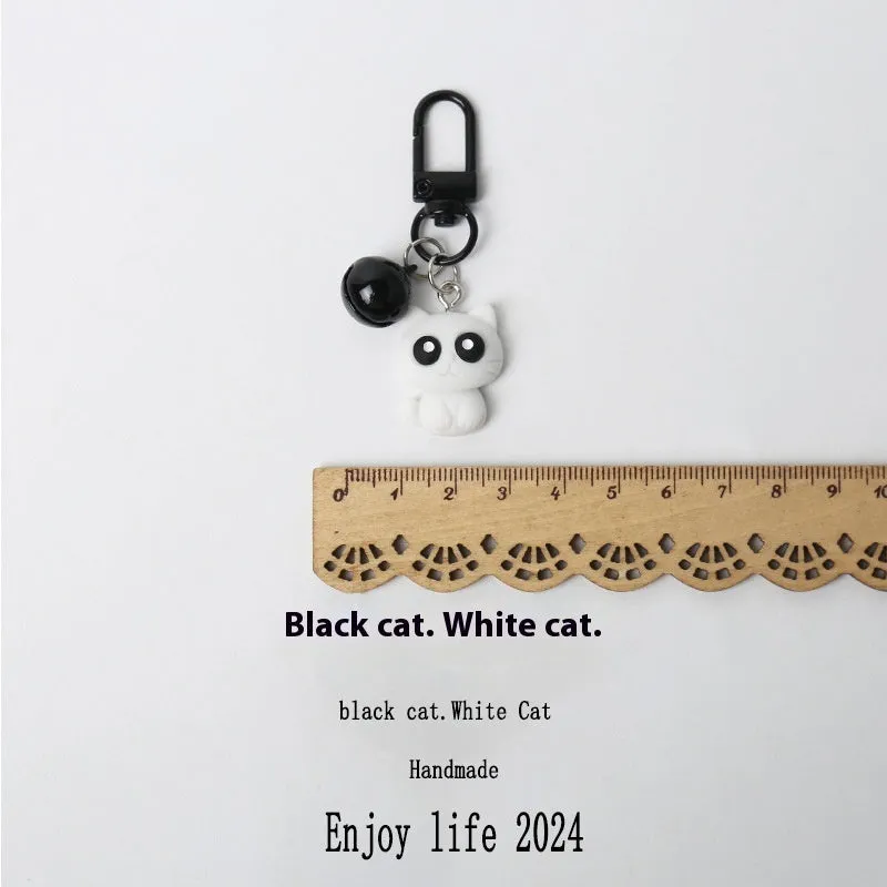 Cartoon little black cat and white kitten key chain pendant on handbag