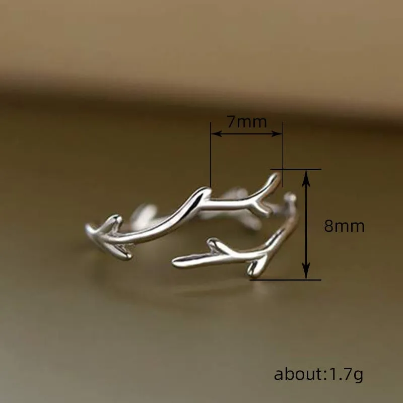 Minimalist Branches classic adjustable ring in white gold colour with leaf and geometry design on copper base