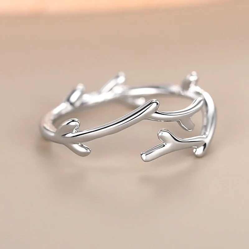 Minimalist Branches classic adjustable ring in white gold colour with leaf and geometry design on copper base