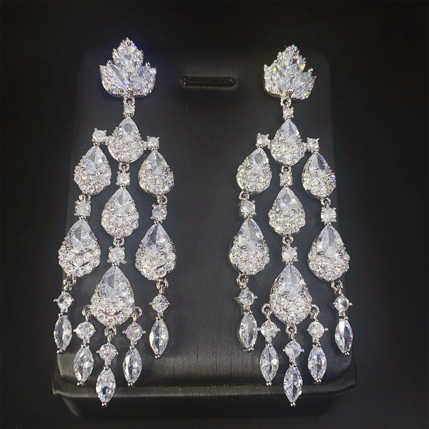 Water drop tassel long earrings with floral leaf shape and zircon stones on alloy
