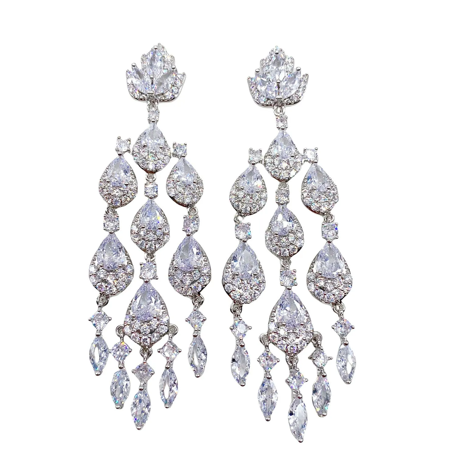 Water drop tassel long earrings with floral leaf shape and zircon stones on alloy