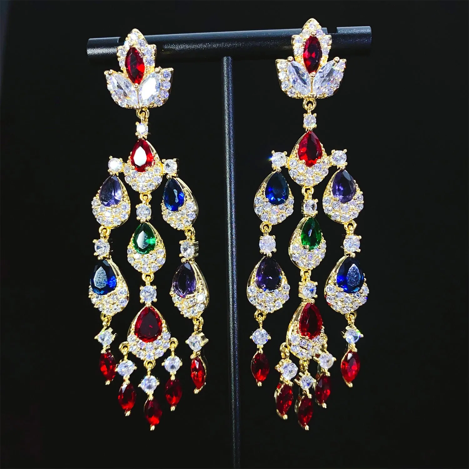 Water drop tassel long earrings with floral leaf shape and zircon stones on alloy