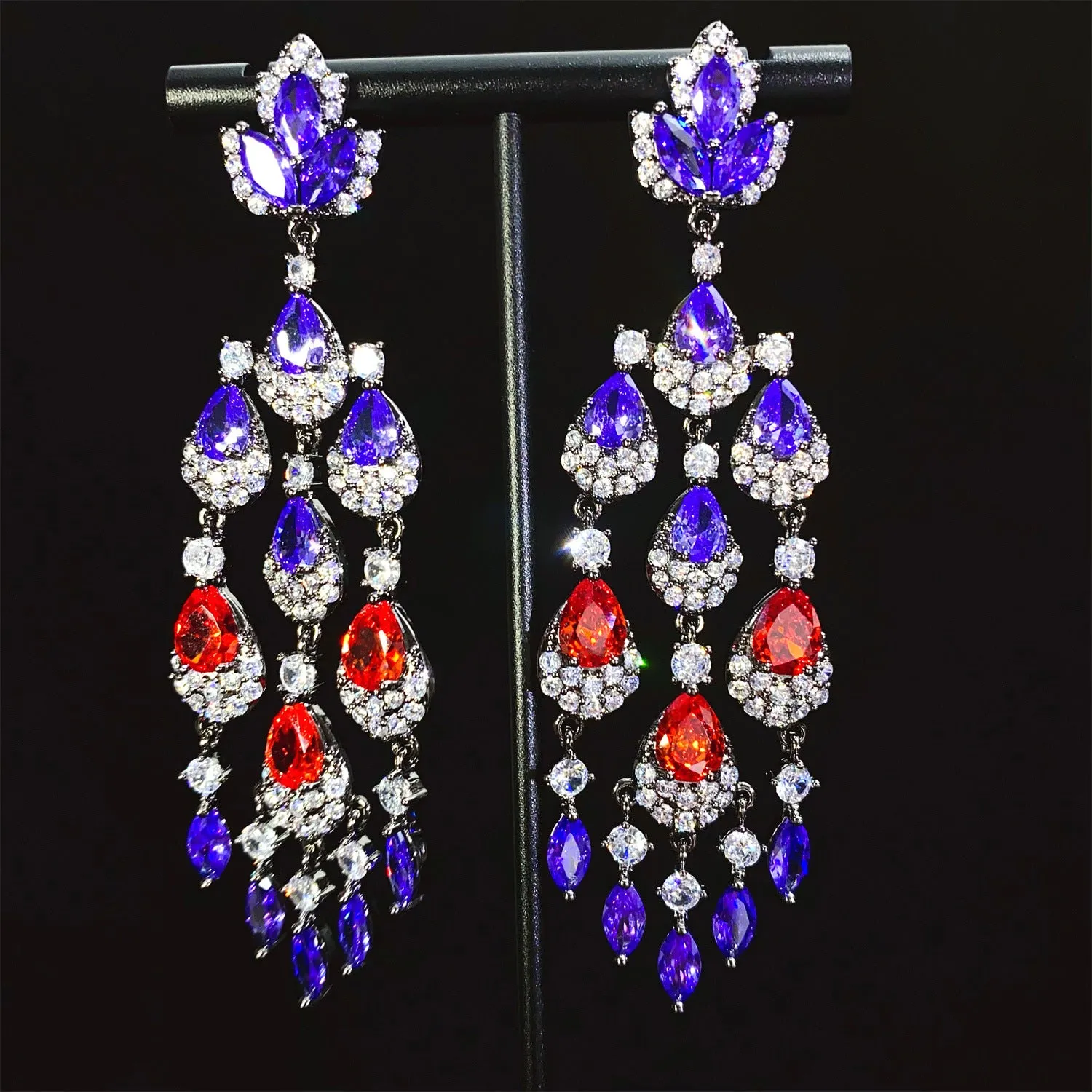 Water drop tassel long earrings with floral leaf shape and zircon stones on alloy